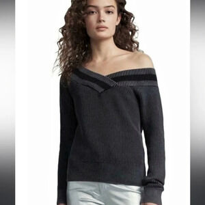 RAG & BONE Dawn Striped Cotton Knit Off the Shoulder V-Neck Sweater S